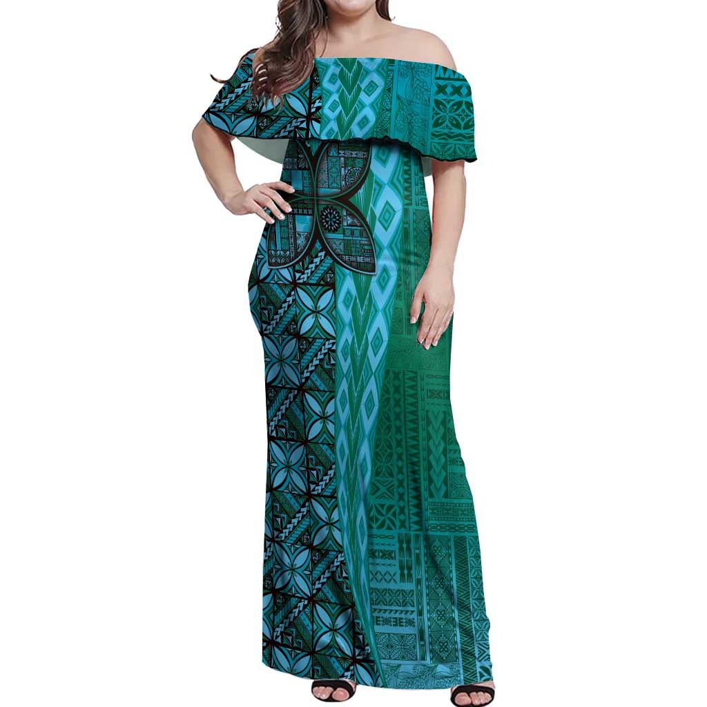 Samoan Pacific Tribal Flower Geometric Art Tattoos Off Shoulder Maxi Dress Siapo Pattern Turquoise Tide - Polynesian Pride