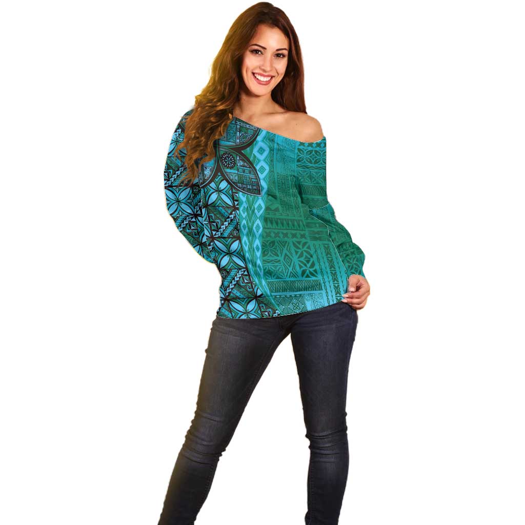 Samoan Pacific Tribal Flower Geometric Art Tattoos Off Shoulder Sweater Siapo Pattern Turquoise Tide - Polynesian Pride