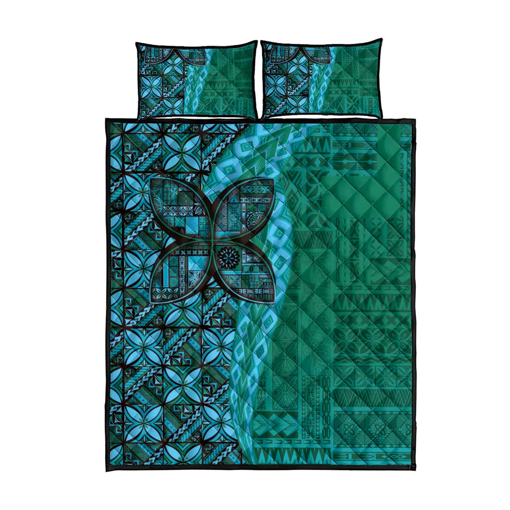 Samoan Pacific Tribal Flower Geometric Art Tattoos Quilt Bed Set Siapo Pattern Turquoise Tide LT03 - Polynesian Pride