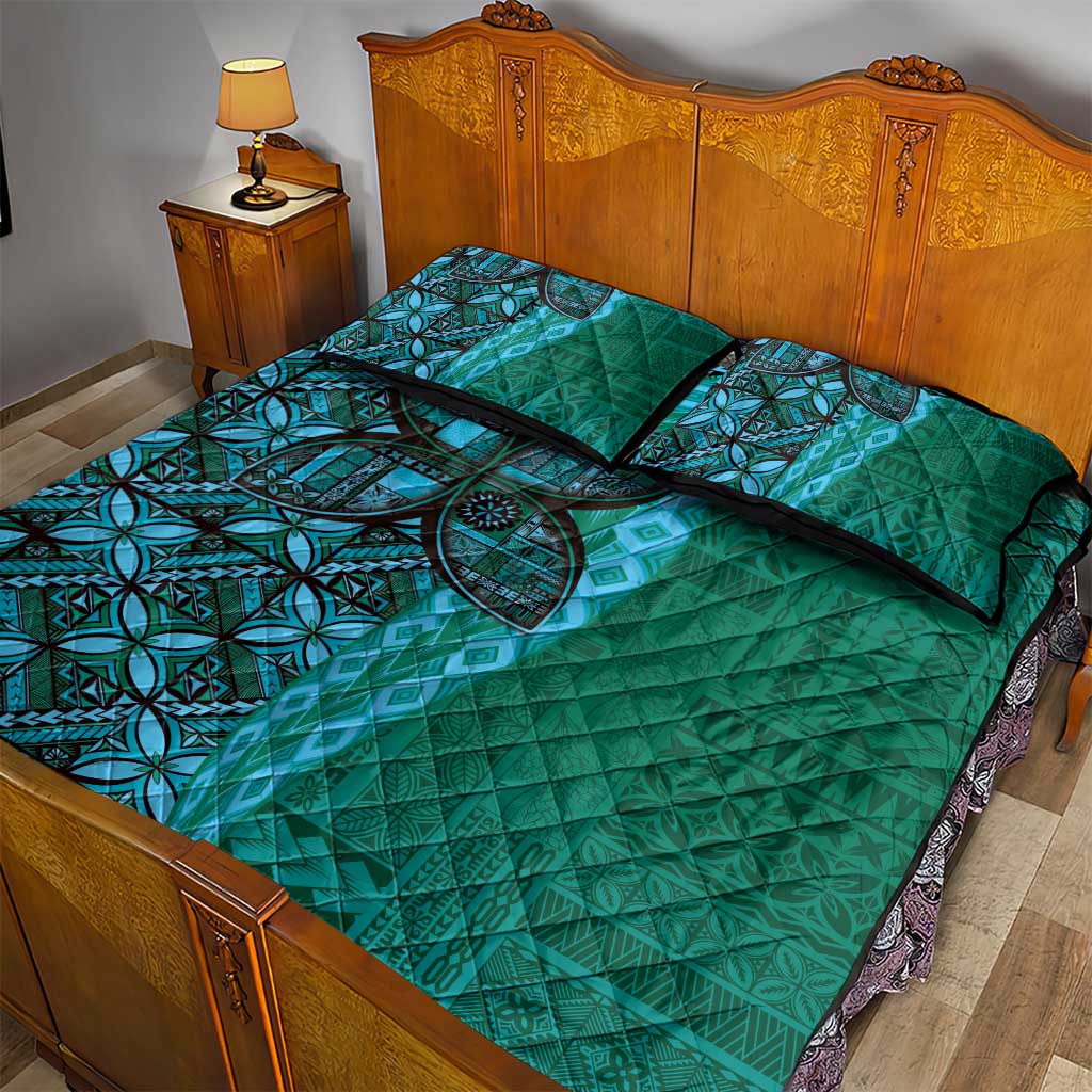 Samoan Pacific Tribal Flower Geometric Art Tattoos Quilt Bed Set Siapo Pattern Turquoise Tide LT03 - Polynesian Pride