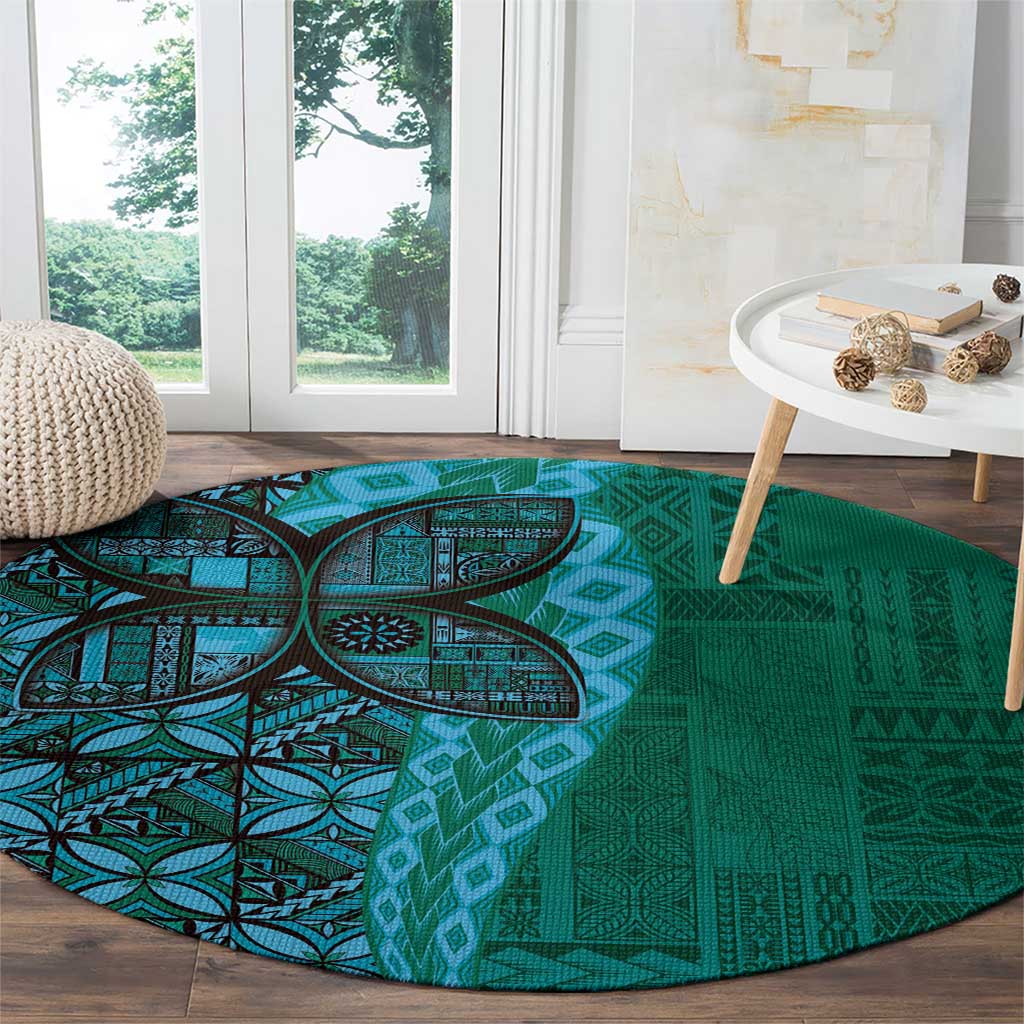 Samoan Pacific Tribal Flower Geometric Art Tattoos Round Carpet Siapo Pattern Turquoise Tide - Polynesian Pride
