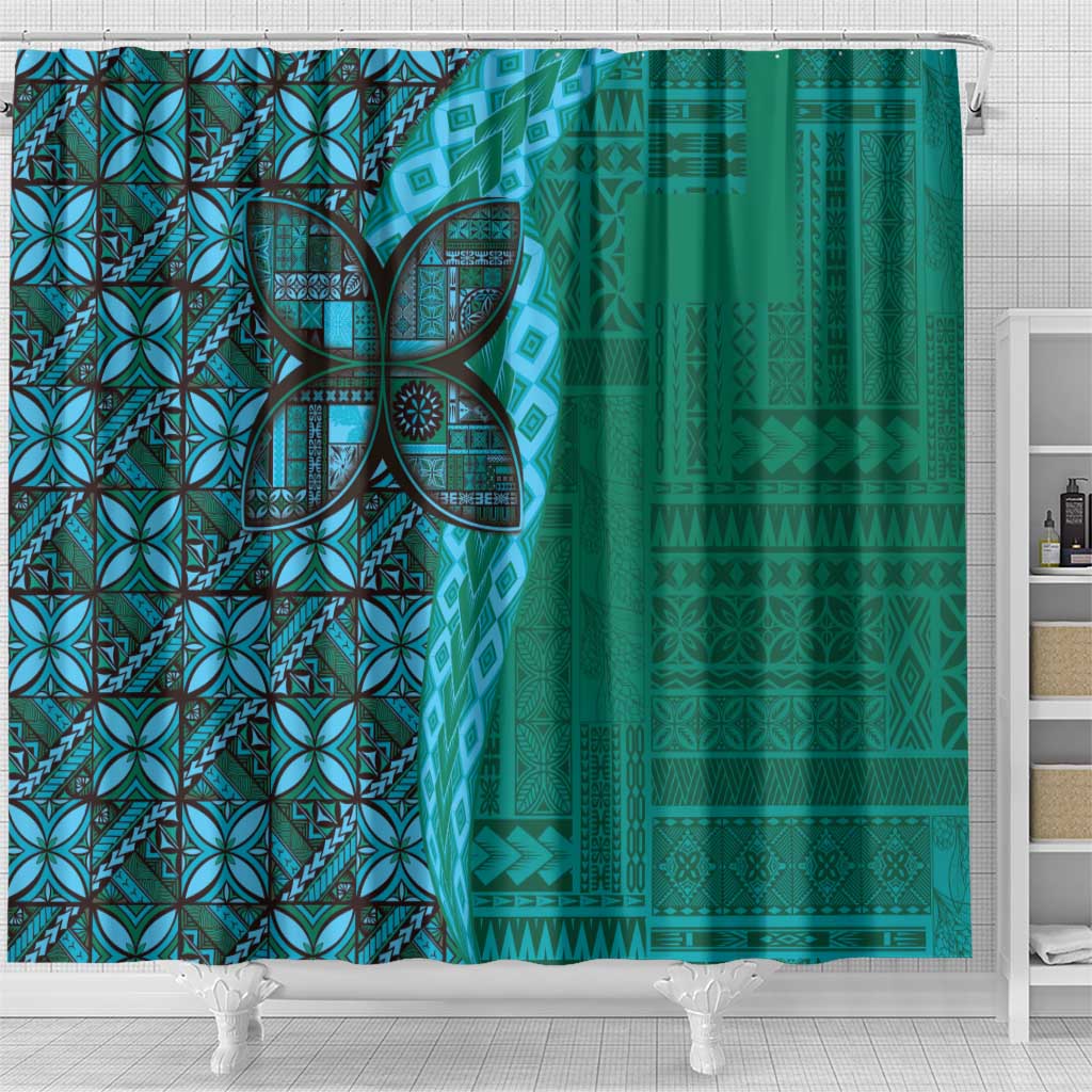 Samoan Pacific Tribal Flower Geometric Art Tattoos Shower Curtain Siapo Pattern Turquoise Tide - Polynesian Pride