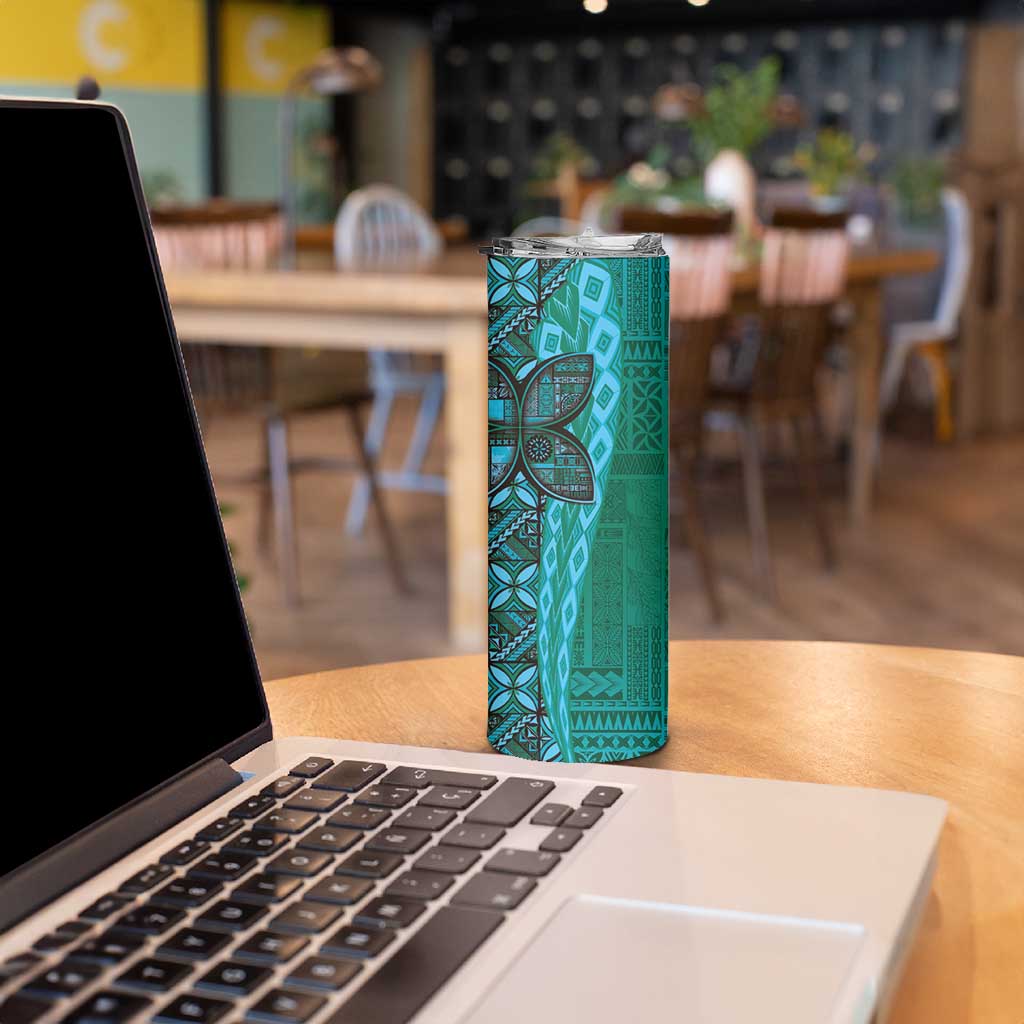 Samoan Pacific Tribal Flower Geometric Art Tattoos Skinny Tumbler Siapo Pattern Turquoise Tide LT03 - Polynesian Pride