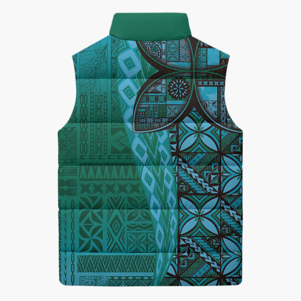 Samoan Pacific Tribal Flower Geometric Art Tattoos Sleeveless Puffer Jacket Siapo Pattern Turquoise Tide - Polynesian Pride