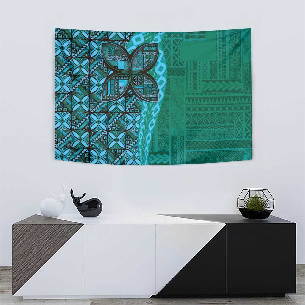 Samoan Pacific Tribal Flower Geometric Art Tattoos Tapestry Siapo Pattern Turquoise Tide - Polynesian Pride