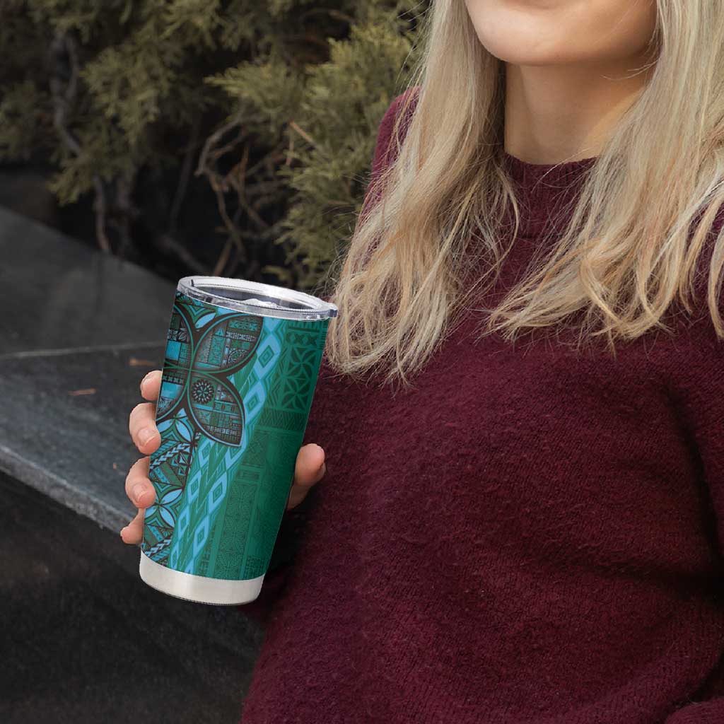 Samoan Pacific Tribal Flower Geometric Art Tattoos Tumbler Cup Siapo Pattern Turquoise Tide - Polynesian Pride