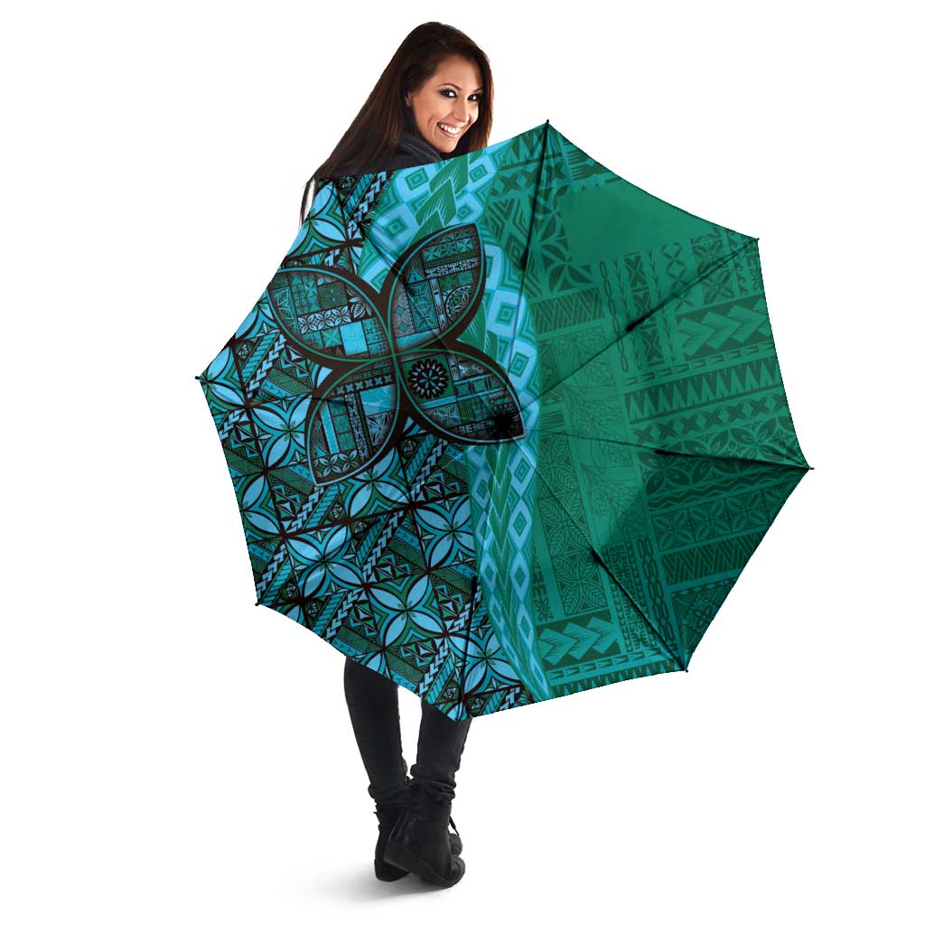 Samoan Pacific Tribal Flower Geometric Art Tattoos Umbrella Siapo Pattern Turquoise Tide - Polynesian Pride