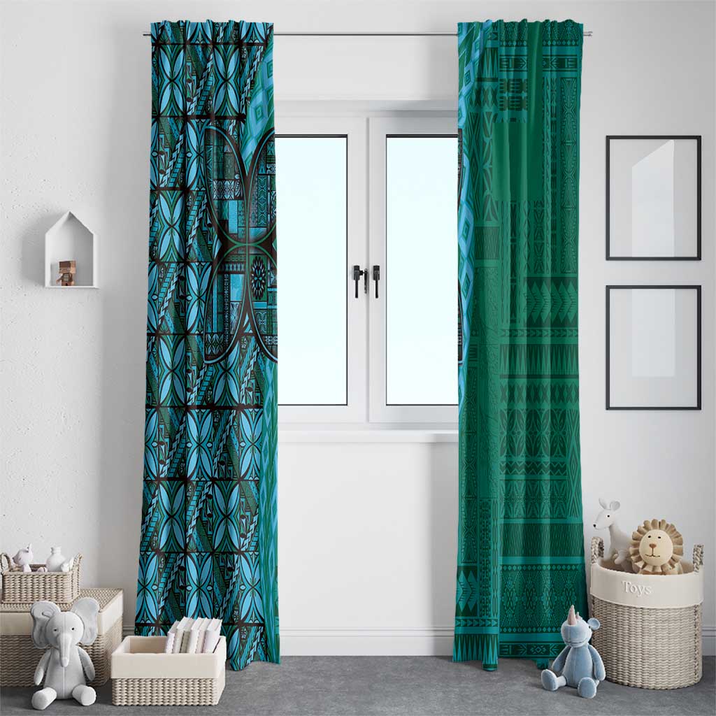 Samoan Pacific Tribal Flower Geometric Art Tattoos Window Curtain Siapo Pattern Turquoise Tide - Polynesian Pride