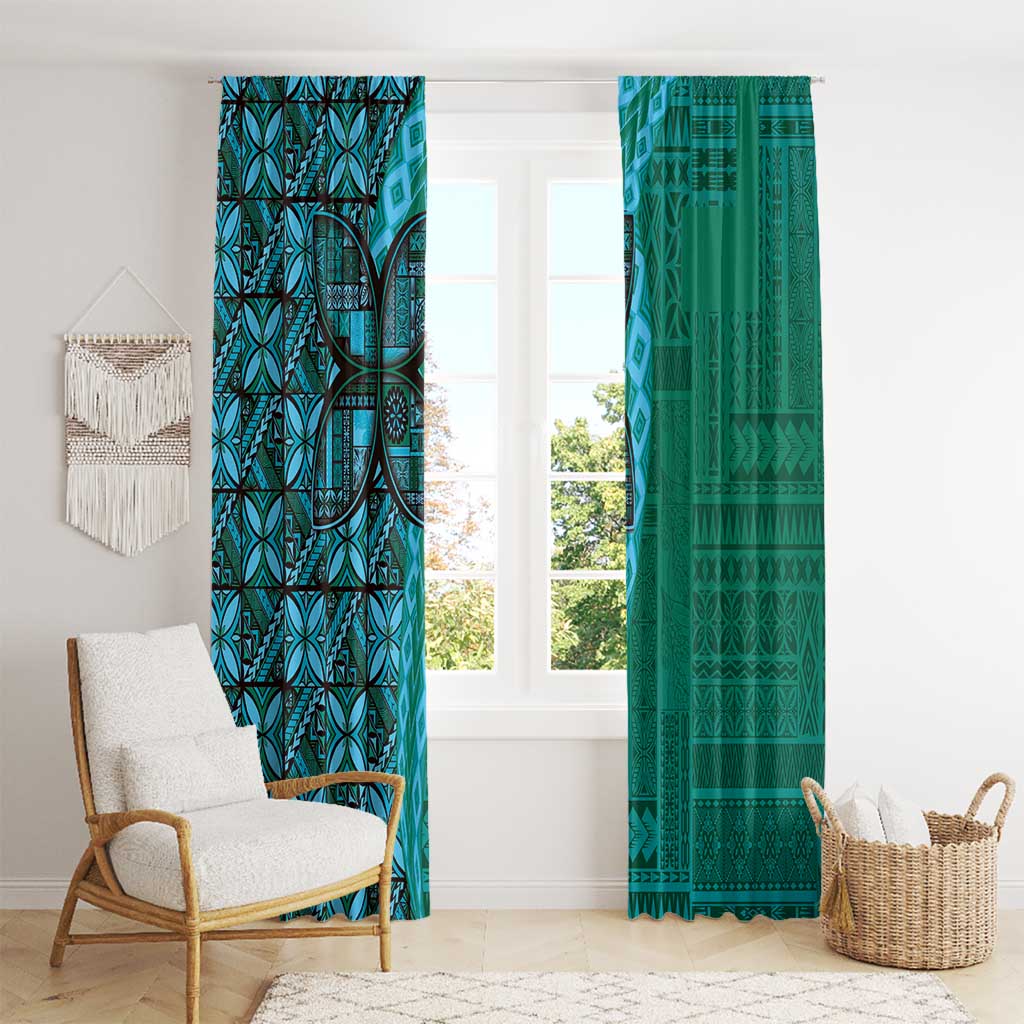 Samoan Pacific Tribal Flower Geometric Art Tattoos Window Curtain Siapo Pattern Turquoise Tide - Polynesian Pride