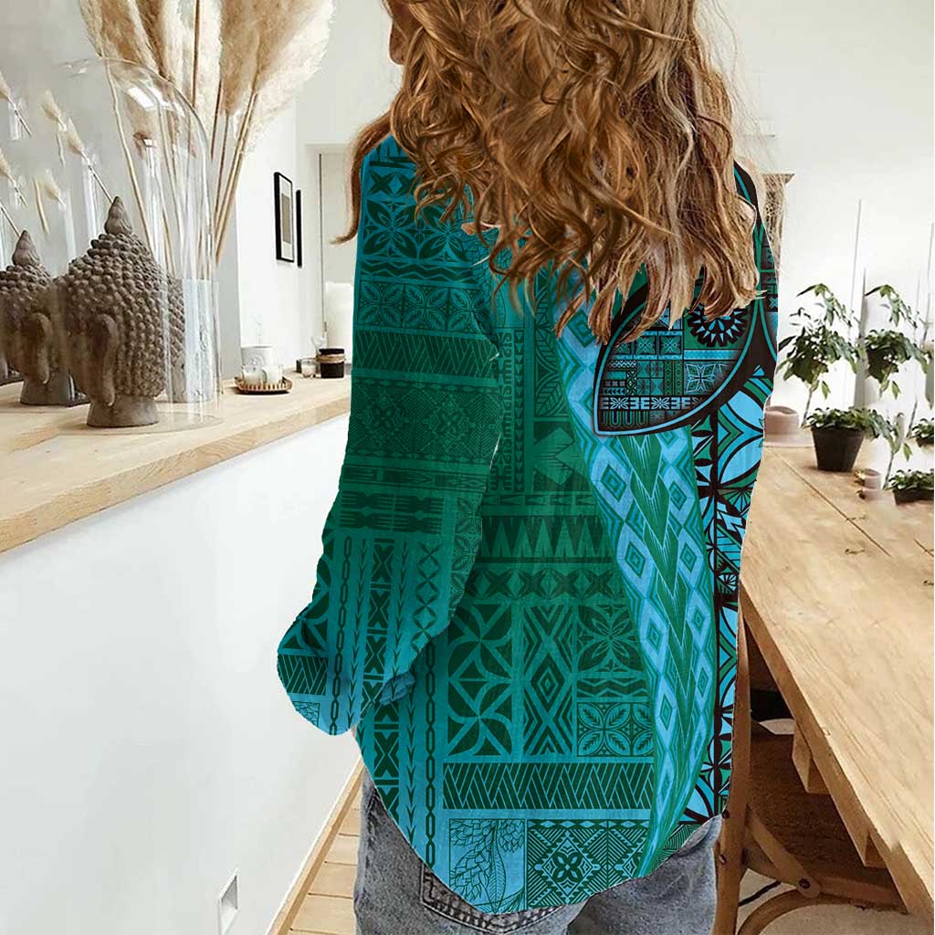 Samoan Pacific Tribal Flower Geometric Art Tattoos Women Casual Shirt Siapo Pattern Turquoise Tide - Polynesian Pride
