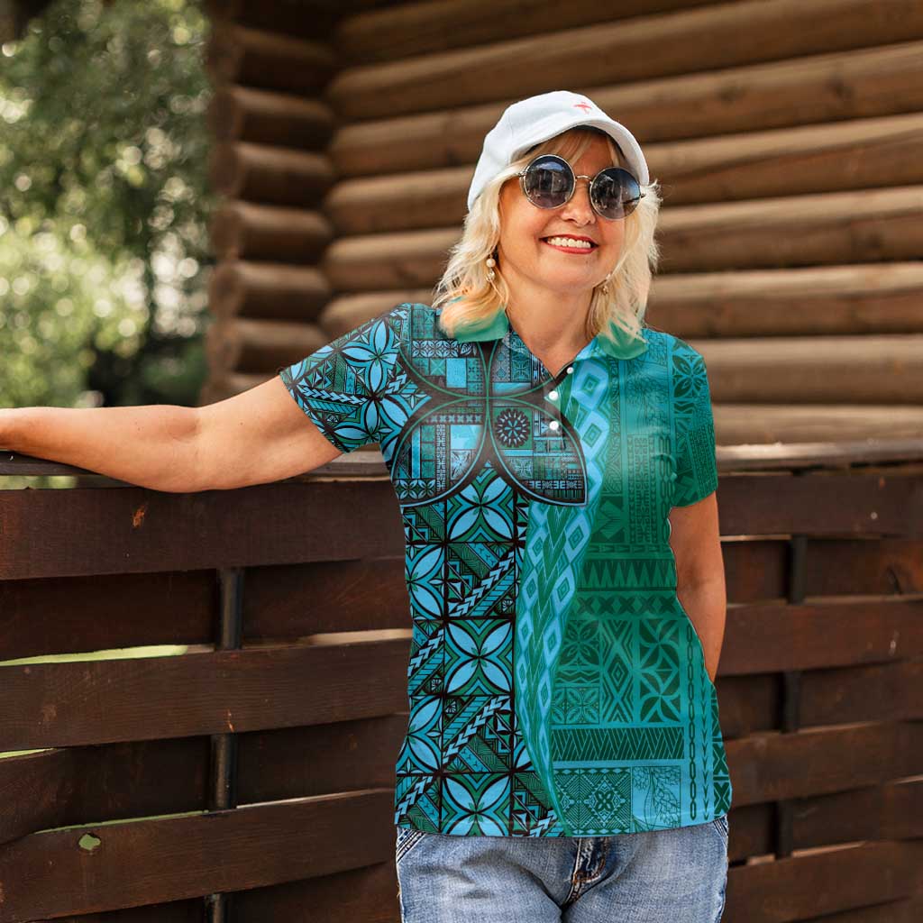 Samoan Pacific Tribal Flower Geometric Art Tattoos Women Polo Shirt Siapo Pattern Turquoise Tide - Polynesian Pride