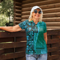 Samoan Pacific Tribal Flower Geometric Art Tattoos Women Polo Shirt Siapo Pattern Turquoise Tide - Polynesian Pride