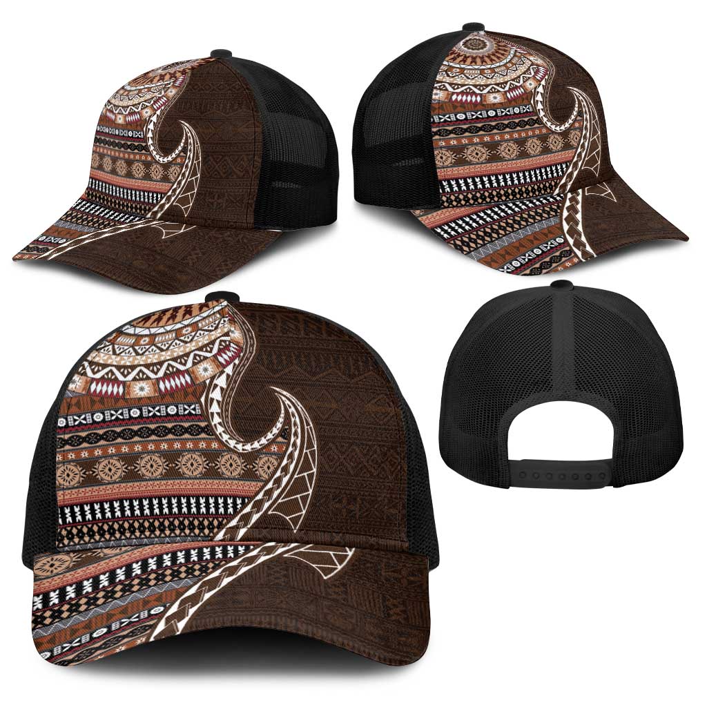 Fijian Masi Tribal Tattoos Art Pattern Baseball Net Cap Brown Color Half Style - Polynesian Pride