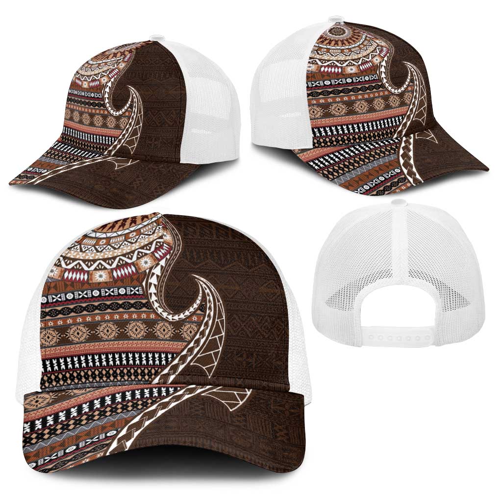 Fijian Masi Tribal Tattoos Art Pattern Baseball Net Cap Brown Color Half Style - Polynesian Pride
