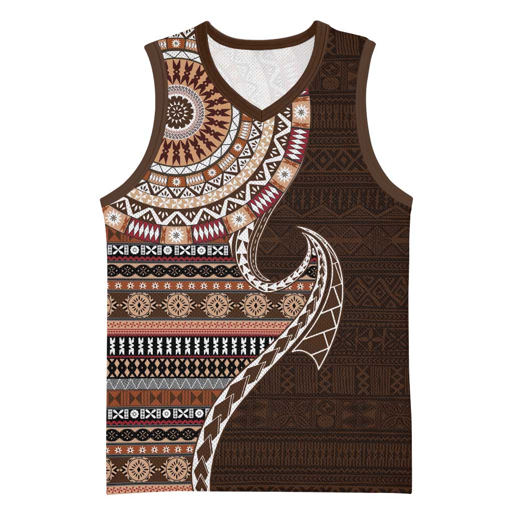 Fijian Masi Tribal Tattoos Art Pattern Basketball Jersey Brown Color Half Style - Polynesian Pride
