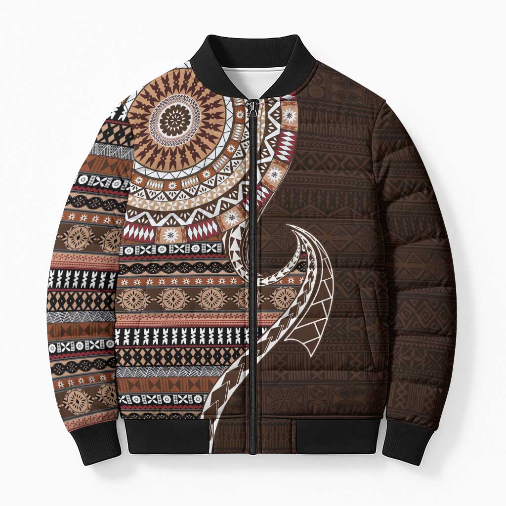 Fijian Masi Tribal Tattoos Art Pattern Bomber Puffer Jacket Brown Color Half Style - Polynesian Pride