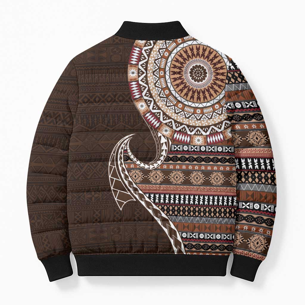 Fijian Masi Tribal Tattoos Art Pattern Bomber Puffer Jacket Brown Color Half Style - Polynesian Pride