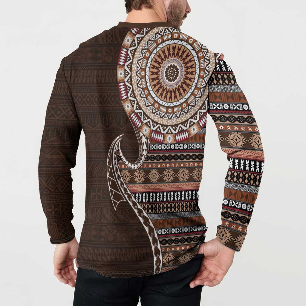 Fijian Masi Tribal Tattoos Art Pattern Button Sweatshirt Brown Color Half Style - Polynesian Pride