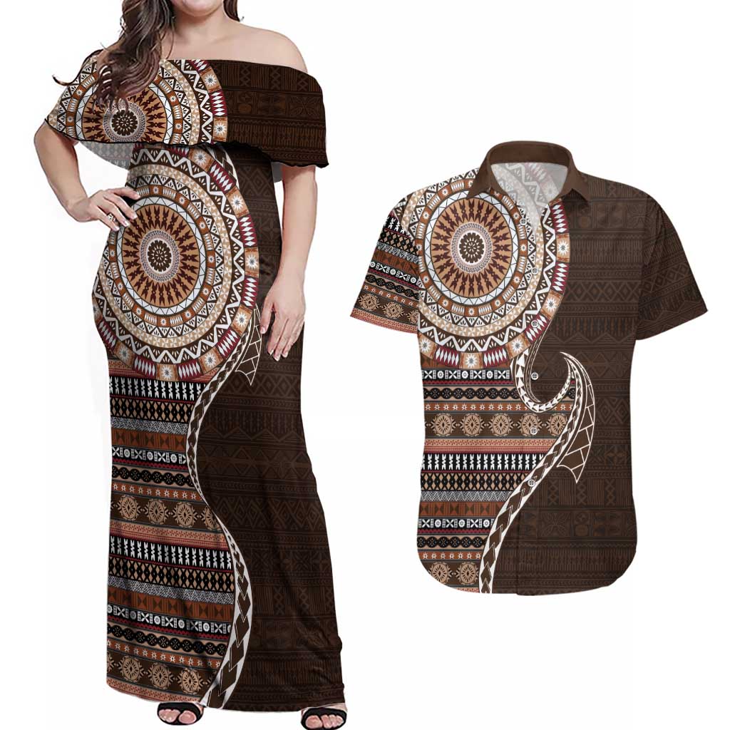 Fijian Masi Tribal Tattoos Art Pattern Couples Matching Off Shoulder Maxi Dress and Hawaiian Shirt Brown Color Half Style - Polynesian Pride