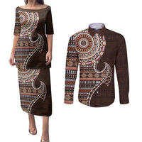 Fijian Masi Tribal Tattoos Art Pattern Couples Matching Puletasi and Long Sleeve Button Shirt Brown Color Half Style - Polynesian Pride