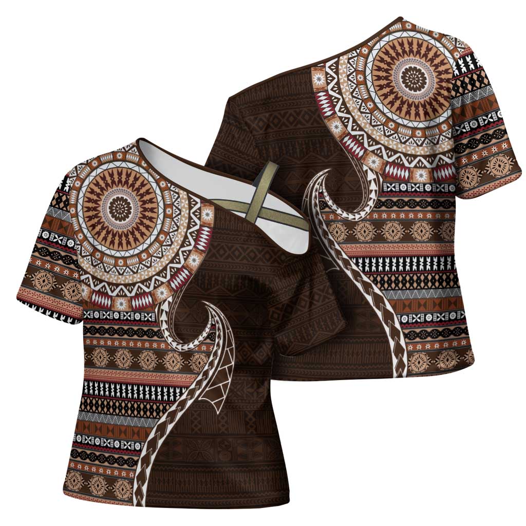 Fijian Masi Tribal Tattoos Art Pattern Cross Shoulder Shirt Brown Color Half Style - Polynesian Pride