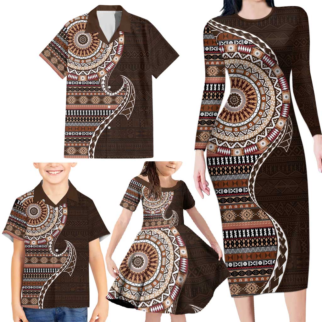 Fijian Masi Tribal Tattoos Art Pattern Family Matching Long Sleeve Bodycon Dress and Hawaiian Shirt Brown Color Half Style LT03 - Polynesian Pride