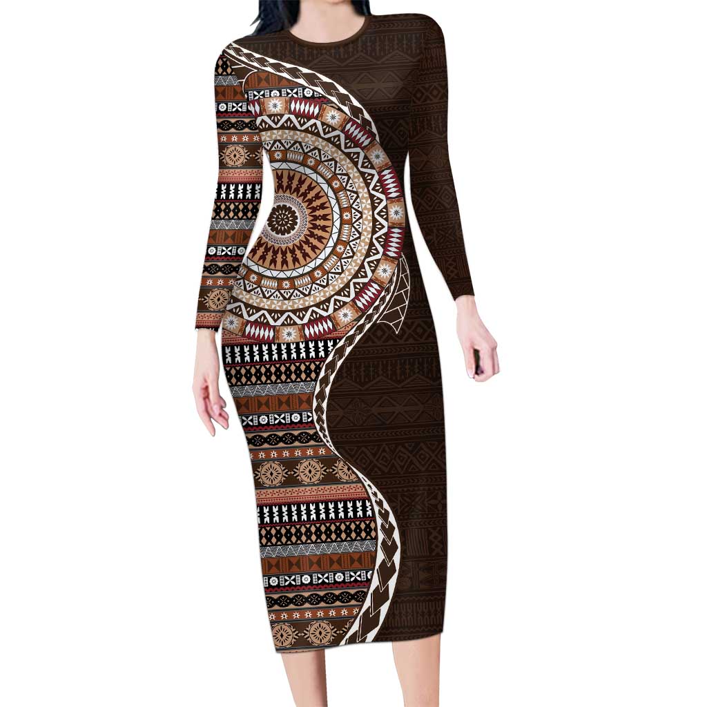 Fijian Masi Tribal Tattoos Art Pattern Family Matching Long Sleeve Bodycon Dress and Hawaiian Shirt Brown Color Half Style LT03 Mom's Dress Brown - Polynesian Pride
