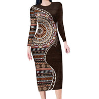 Fijian Masi Tribal Tattoos Art Pattern Family Matching Long Sleeve Bodycon Dress and Hawaiian Shirt Brown Color Half Style LT03 Mom's Dress Brown - Polynesian Pride