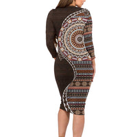 Fijian Masi Tribal Tattoos Art Pattern Family Matching Long Sleeve Bodycon Dress and Hawaiian Shirt Brown Color Half Style LT03 - Polynesian Pride