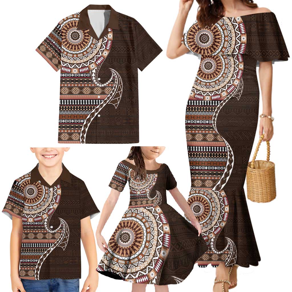 Fijian Masi Tribal Tattoos Art Pattern Family Matching Mermaid Dress and Hawaiian Shirt Brown Color Half Style LT03 - Polynesian Pride