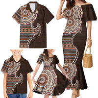 Fijian Masi Tribal Tattoos Art Pattern Family Matching Mermaid Dress and Hawaiian Shirt Brown Color Half Style LT03 - Polynesian Pride