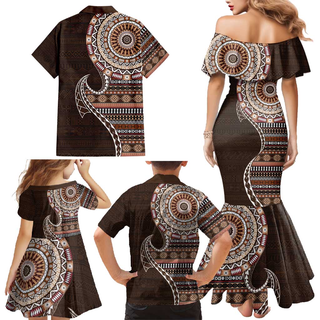 Fijian Masi Tribal Tattoos Art Pattern Family Matching Mermaid Dress and Hawaiian Shirt Brown Color Half Style LT03 - Polynesian Pride