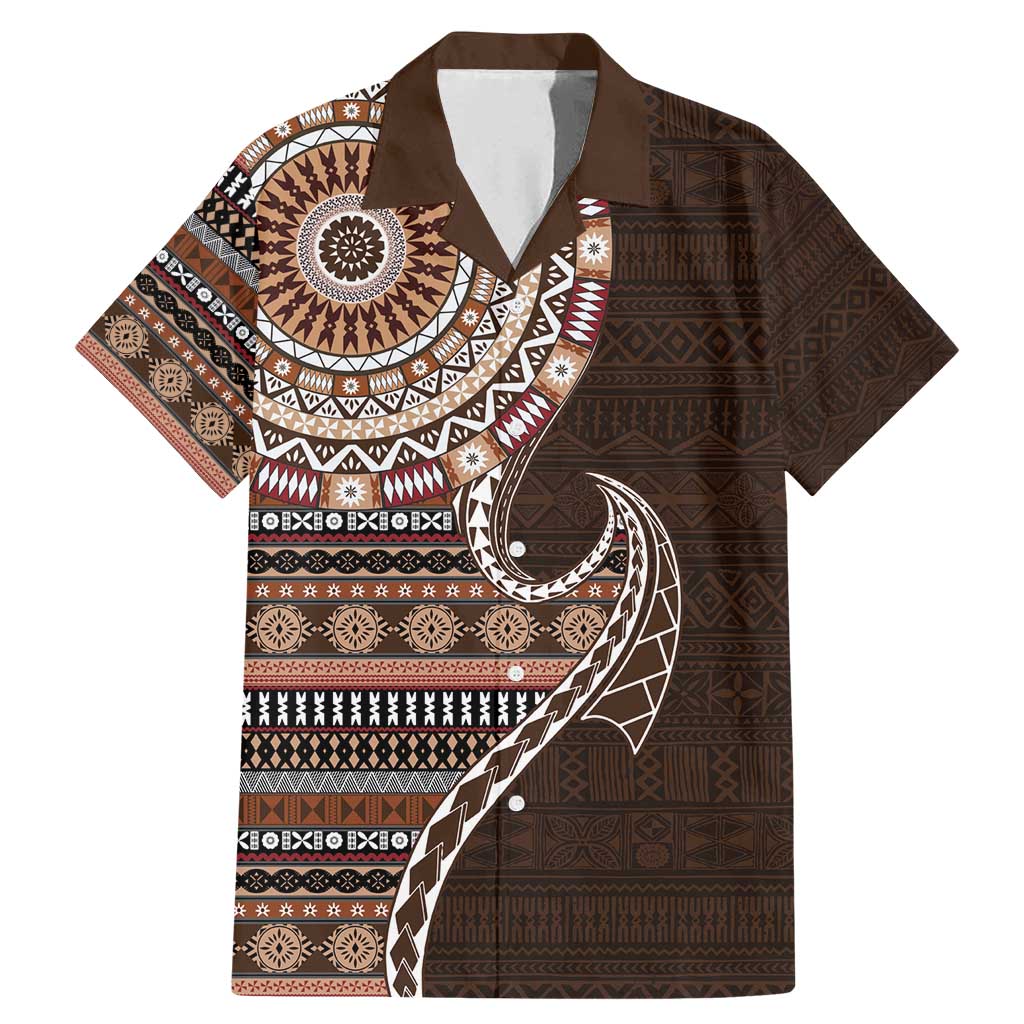 Fijian Masi Tribal Tattoos Art Pattern Family Matching Mermaid Dress and Hawaiian Shirt Brown Color Half Style LT03 Dad's Shirt - Short Sleeve Brown - Polynesian Pride