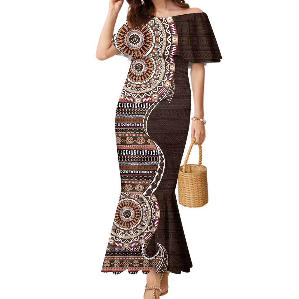 Fijian Masi Tribal Tattoos Art Pattern Family Matching Mermaid Dress and Hawaiian Shirt Brown Color Half Style LT03 Mom's Dress Brown - Polynesian Pride