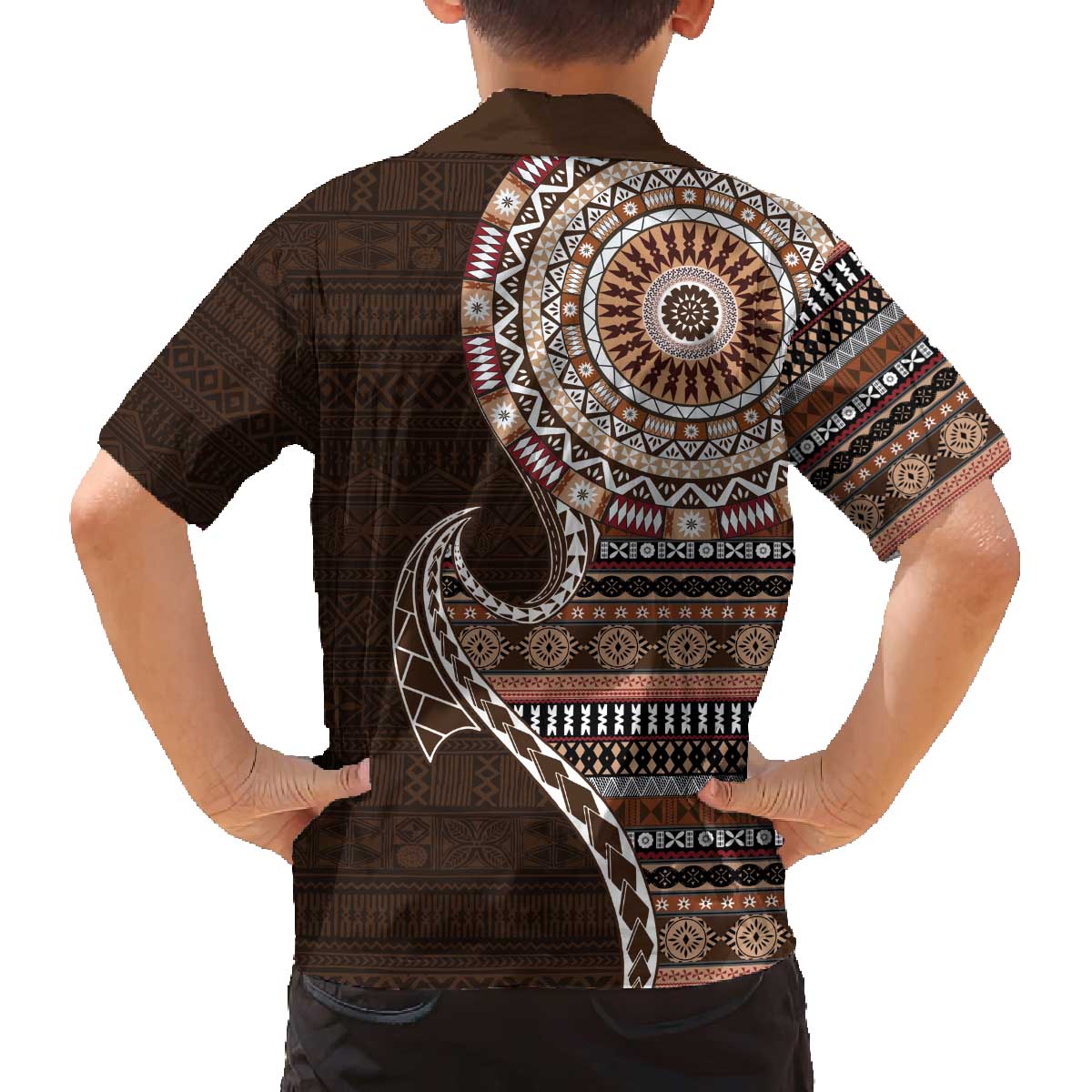 Fijian Masi Tribal Tattoos Art Pattern Family Matching Off The Shoulder Long Sleeve Dress and Hawaiian Shirt Brown Color Half Style LT03 - Polynesian Pride