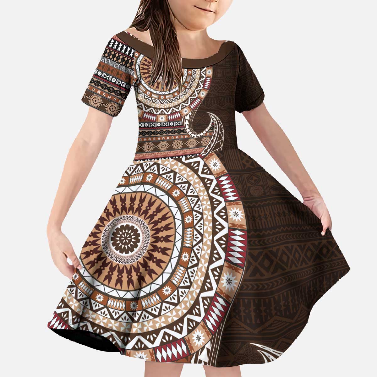 Fijian Masi Tribal Tattoos Art Pattern Family Matching Off The Shoulder Long Sleeve Dress and Hawaiian Shirt Brown Color Half Style LT03 Daughter's Dress Brown - Polynesian Pride