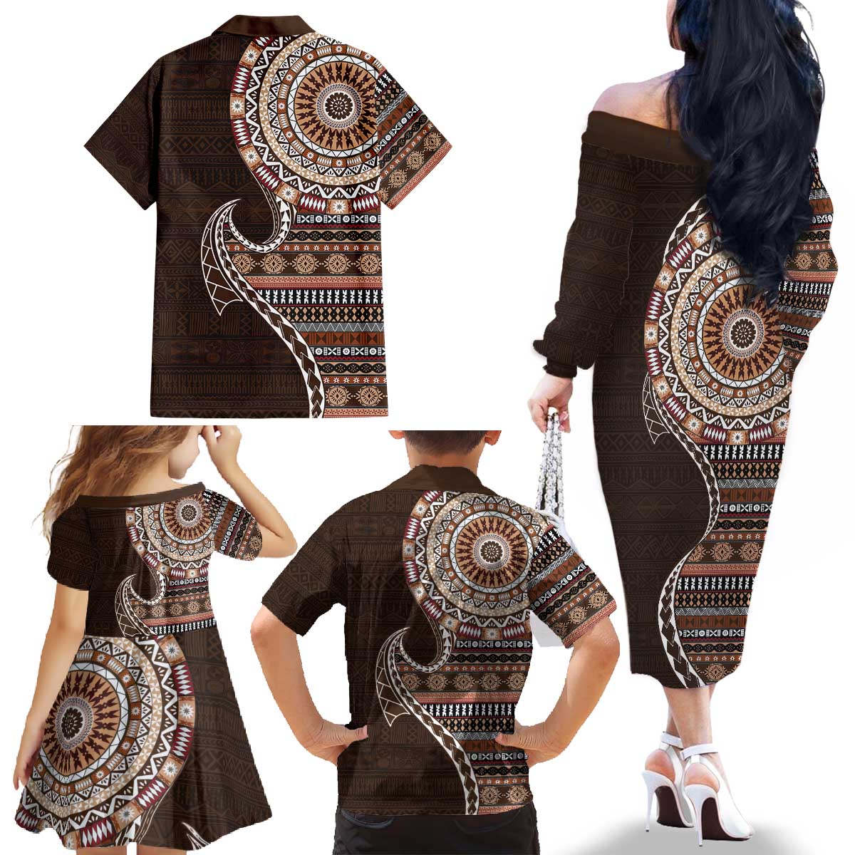 Fijian Masi Tribal Tattoos Art Pattern Family Matching Off The Shoulder Long Sleeve Dress and Hawaiian Shirt Brown Color Half Style LT03 - Polynesian Pride