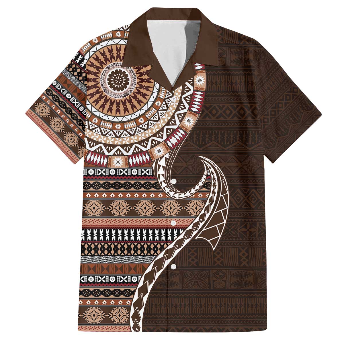 Fijian Masi Tribal Tattoos Art Pattern Family Matching Off The Shoulder Long Sleeve Dress and Hawaiian Shirt Brown Color Half Style LT03 Dad's Shirt - Short Sleeve Brown - Polynesian Pride
