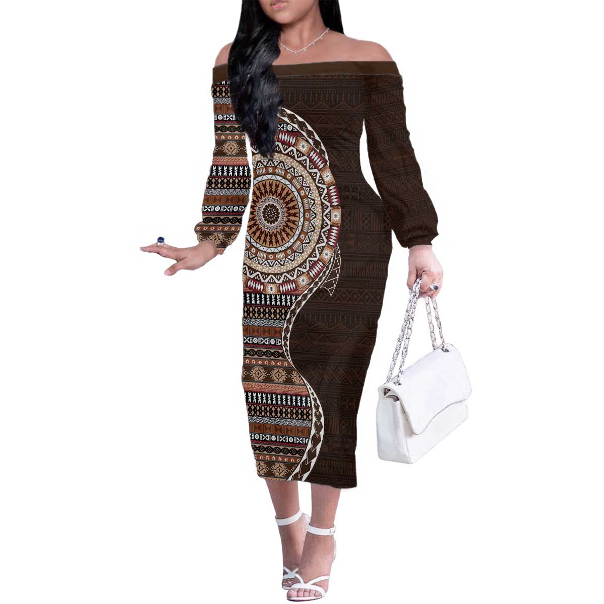Fijian Masi Tribal Tattoos Art Pattern Family Matching Off The Shoulder Long Sleeve Dress and Hawaiian Shirt Brown Color Half Style LT03 Mom's Dress Brown - Polynesian Pride
