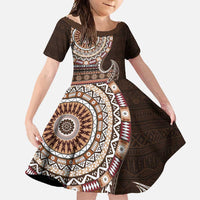 Fijian Masi Tribal Tattoos Art Pattern Family Matching Off Shoulder Maxi Dress and Hawaiian Shirt Brown Color Half Style LT03 Daughter's Dress Brown - Polynesian Pride