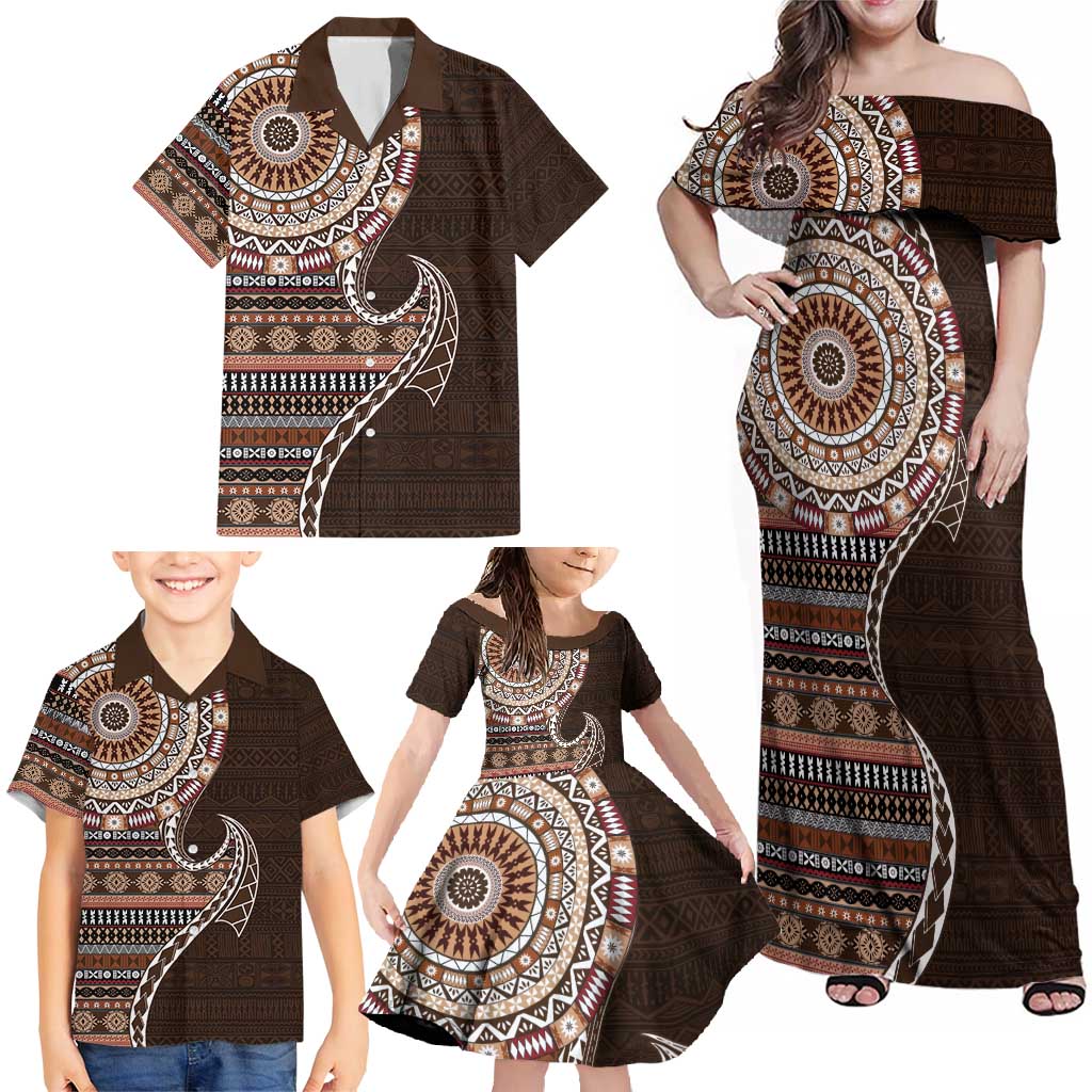 Fijian Masi Tribal Tattoos Art Pattern Family Matching Off Shoulder Maxi Dress and Hawaiian Shirt Brown Color Half Style - Polynesian Pride