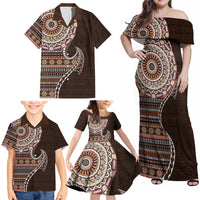 Fijian Masi Tribal Tattoos Art Pattern Family Matching Off Shoulder Maxi Dress and Hawaiian Shirt Brown Color Half Style LT03 - Polynesian Pride