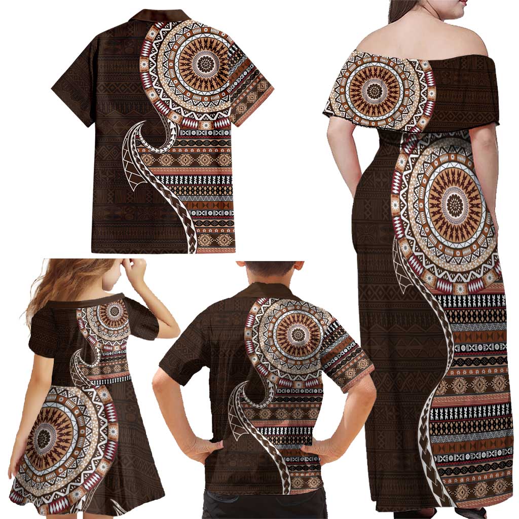 Fijian Masi Tribal Tattoos Art Pattern Family Matching Off Shoulder Maxi Dress and Hawaiian Shirt Brown Color Half Style LT03 - Polynesian Pride