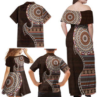 Fijian Masi Tribal Tattoos Art Pattern Family Matching Off Shoulder Maxi Dress and Hawaiian Shirt Brown Color Half Style LT03 - Polynesian Pride