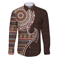Fijian Masi Tribal Tattoos Art Pattern Family Matching Off Shoulder Maxi Dress and Hawaiian Shirt Brown Color Half Style LT03 Dad's Shirt - Long Sleeve Brown - Polynesian Pride