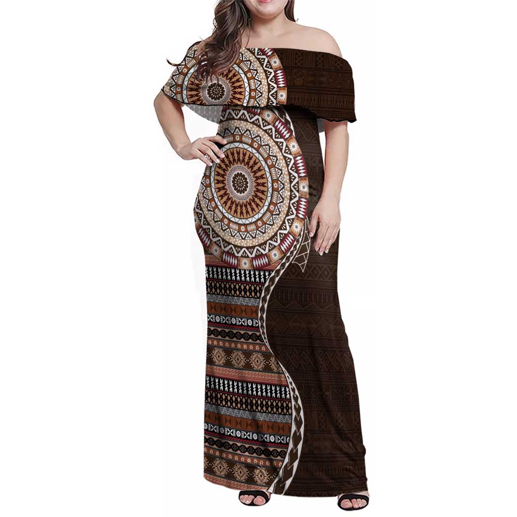 Fijian Masi Tribal Tattoos Art Pattern Family Matching Off Shoulder Maxi Dress and Hawaiian Shirt Brown Color Half Style LT03 Mom's Dress Brown - Polynesian Pride