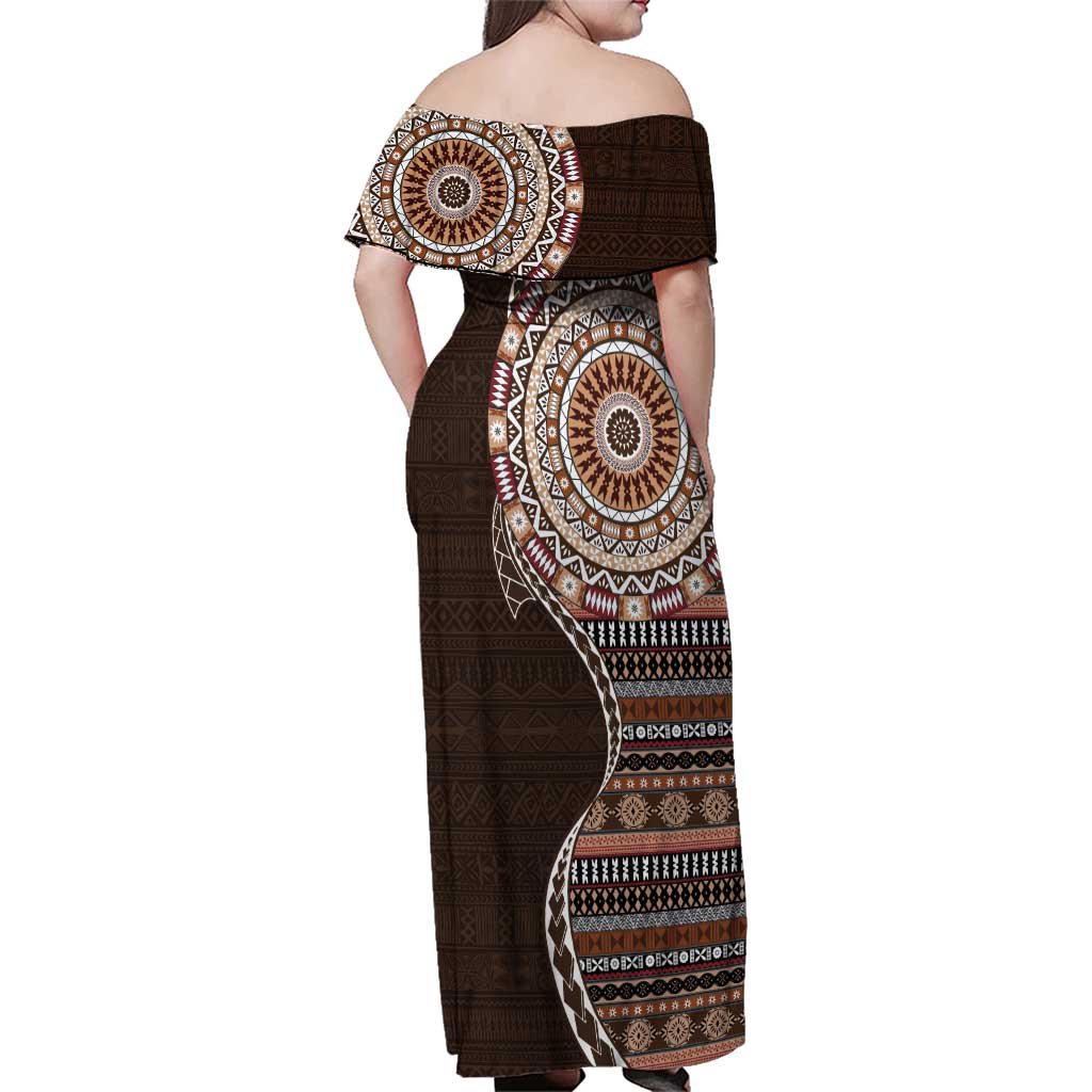 Fijian Masi Tribal Tattoos Art Pattern Family Matching Off Shoulder Maxi Dress and Hawaiian Shirt Brown Color Half Style LT03 - Polynesian Pride