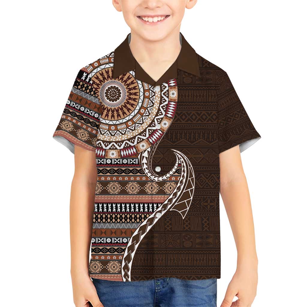 Fijian Masi Tribal Tattoos Art Pattern Family Matching Off Shoulder Maxi Dress and Hawaiian Shirt Brown Color Half Style LT03 Son's Shirt Brown - Polynesian Pride