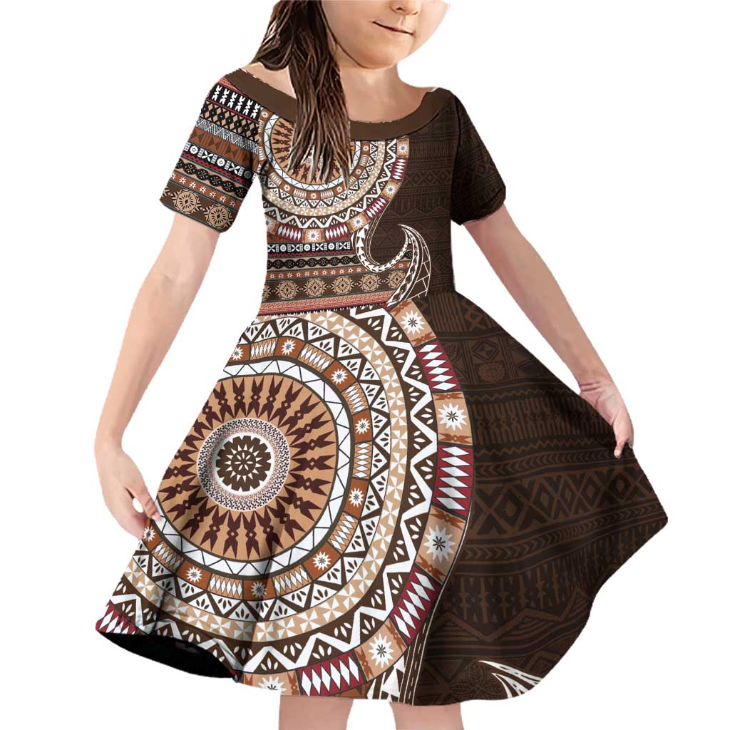 Fijian Masi Tribal Tattoos Art Pattern Family Matching Off Shoulder Short Dress and Hawaiian Shirt Brown Color Half Style LT03 Daughter's Dress Brown - Polynesian Pride