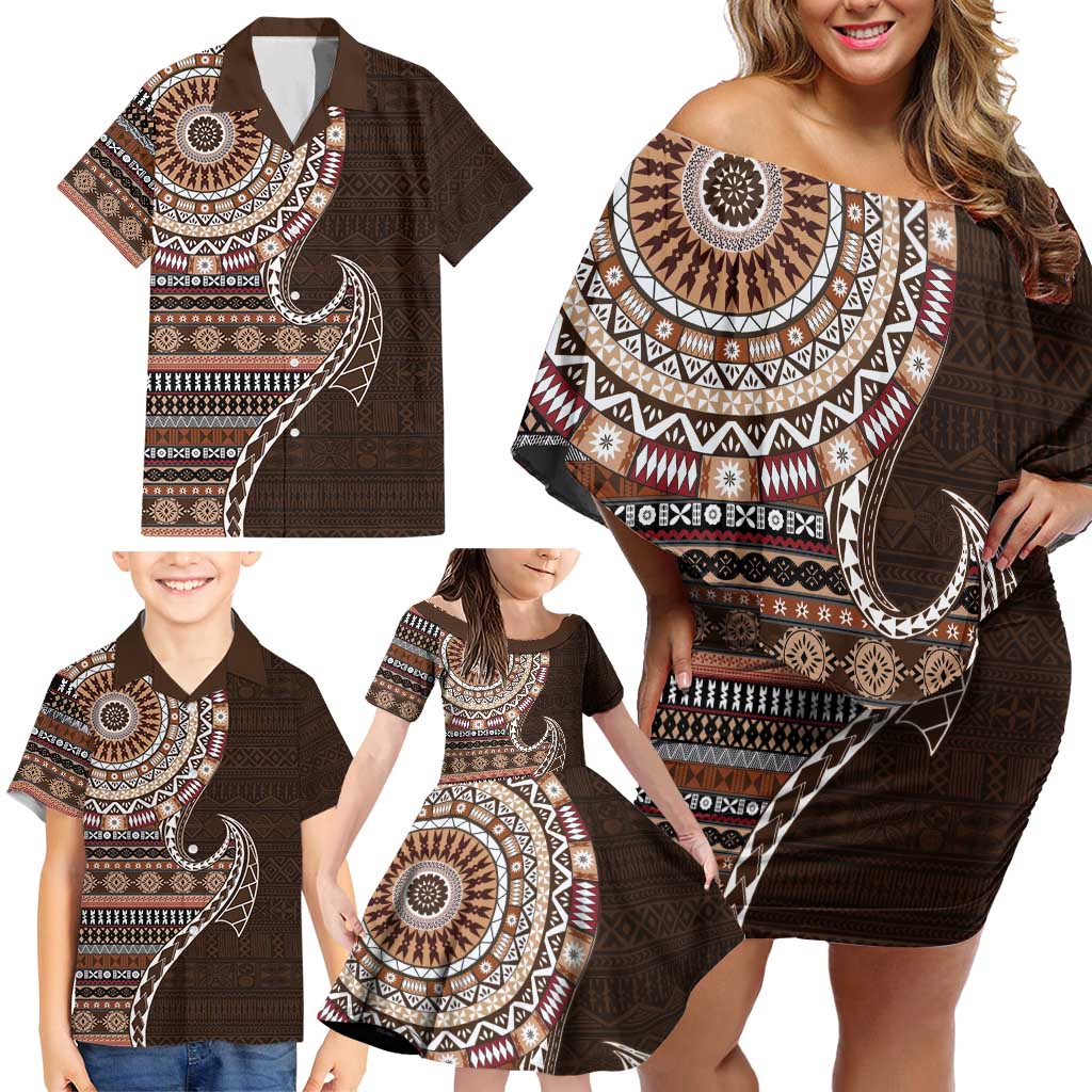 Fijian Masi Tribal Tattoos Art Pattern Family Matching Off Shoulder Short Dress and Hawaiian Shirt Brown Color Half Style LT03 - Polynesian Pride